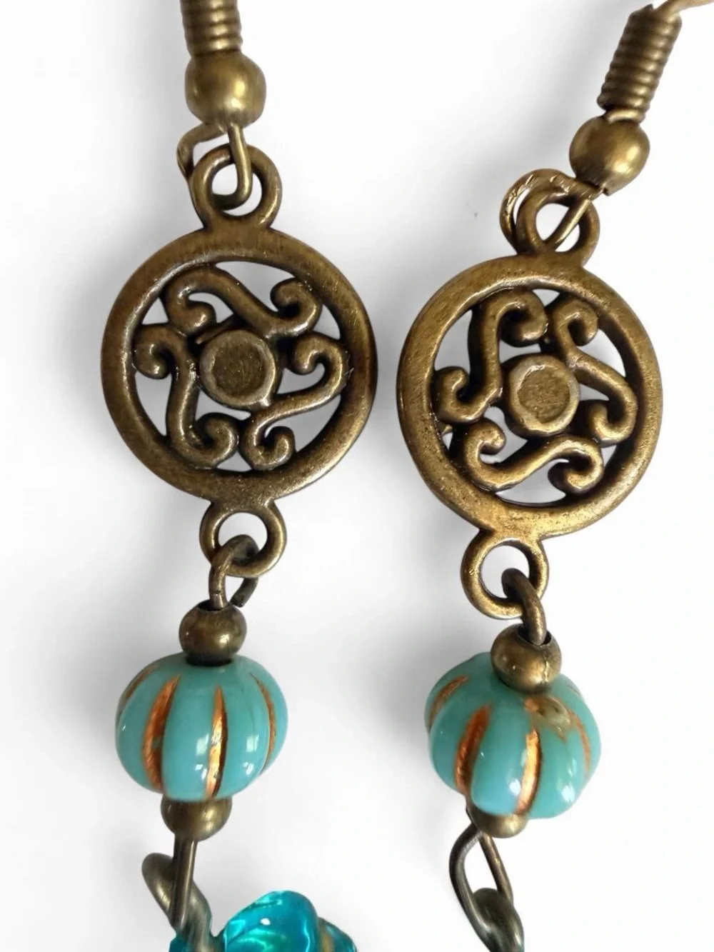 Handmade Vintage-Style Bronze Medallion & Blue Leaf Dangle Earrings